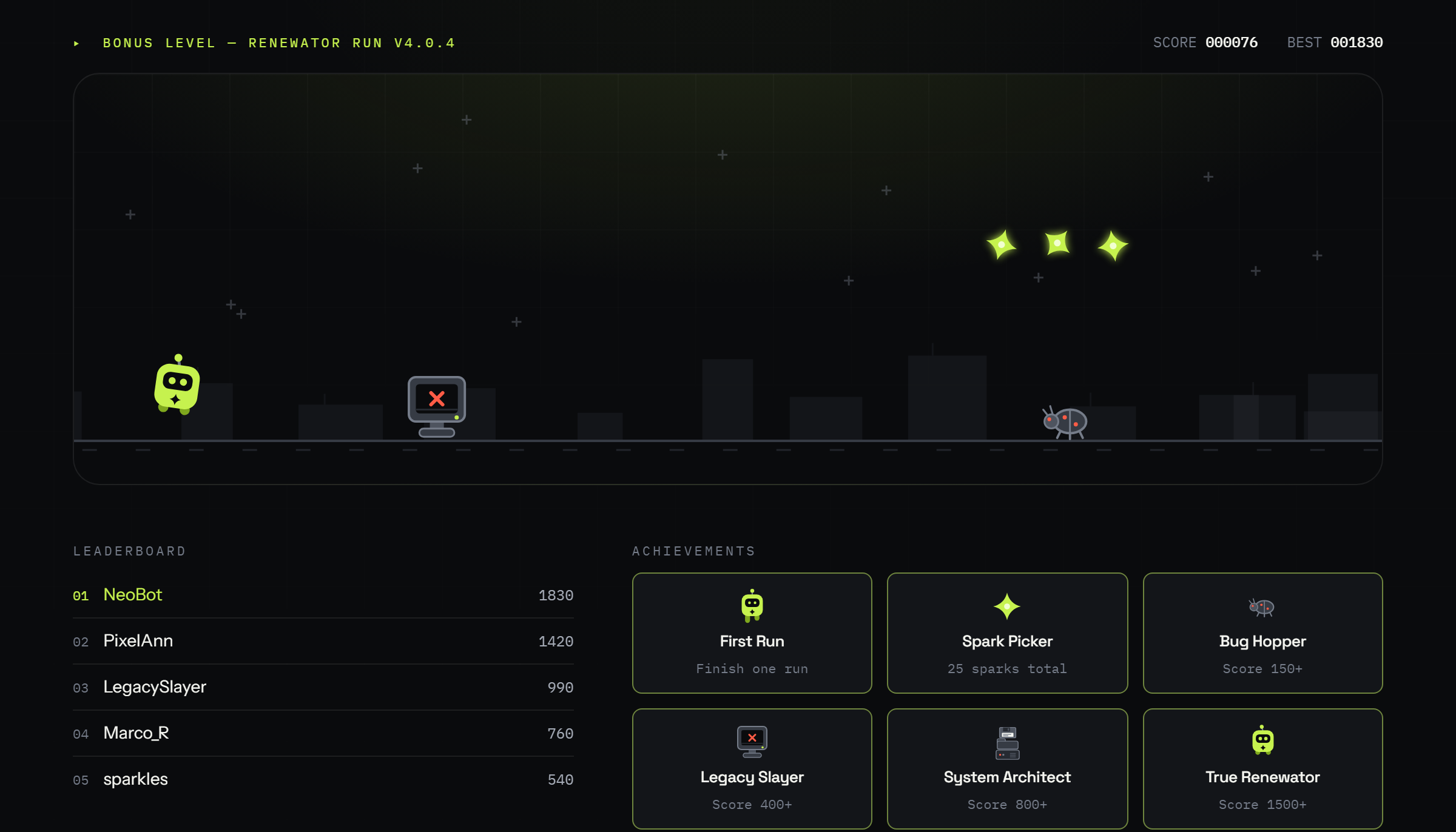 Renewator Run — the mini game on our 404 page: the robot mascot jumps over software bugs while a renewal spark glows, with the live leaderboard and achievement badges below