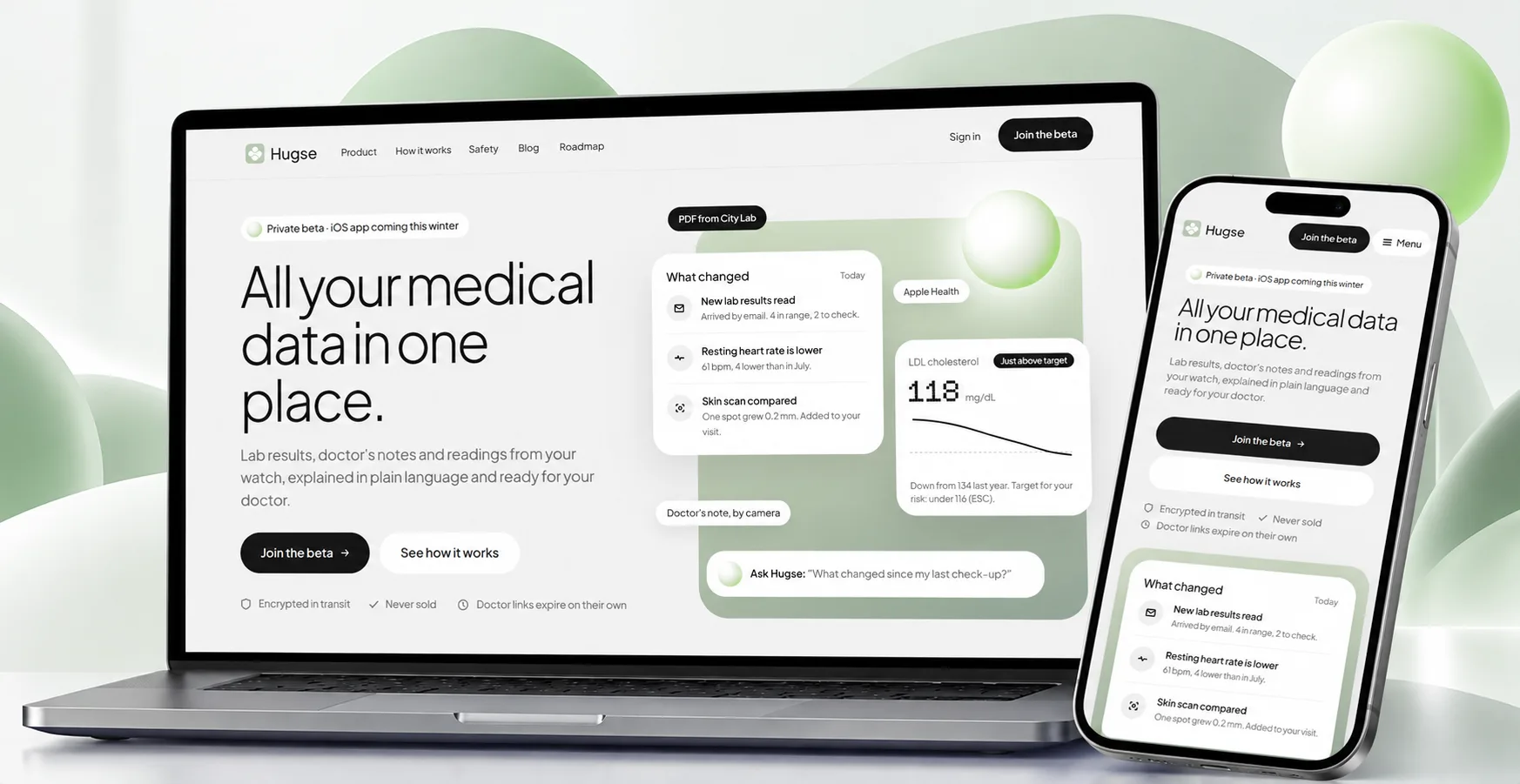 Hugse personal health record on a laptop and a phone
