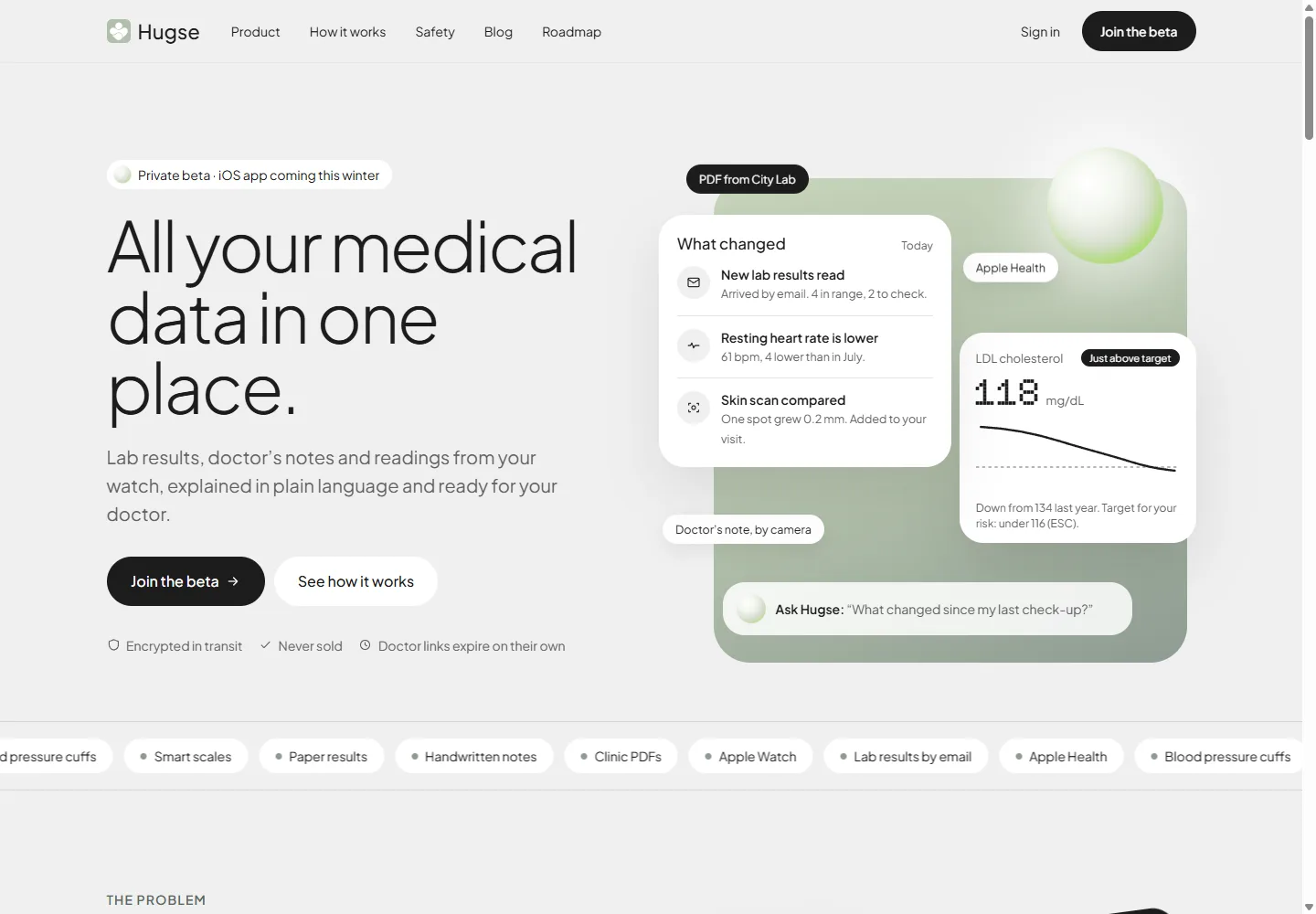Hugse personal health record concept with lab results, a timeline and source labels