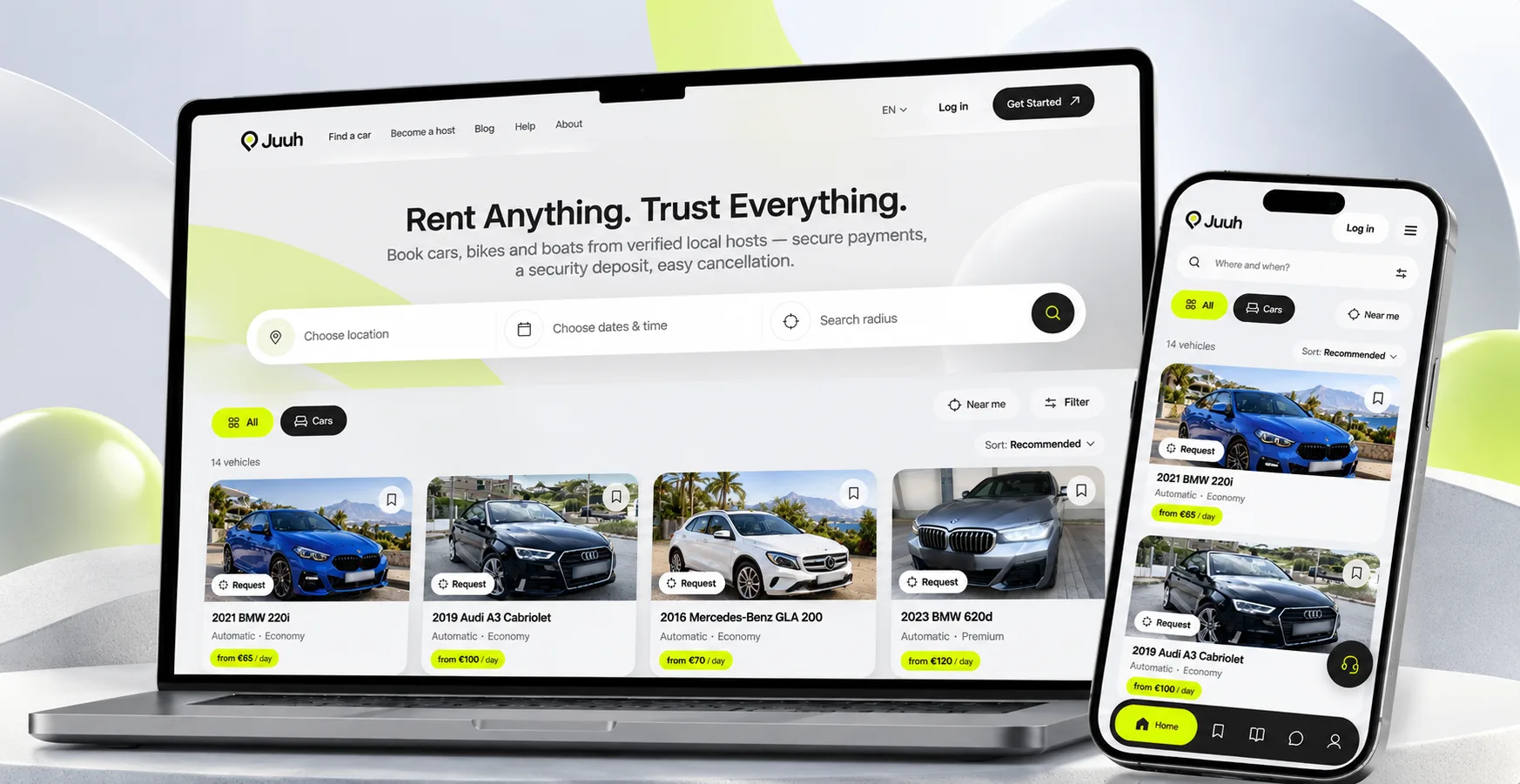 Juuh on a laptop and a phone: vehicle search with location, dates and radius above available cars