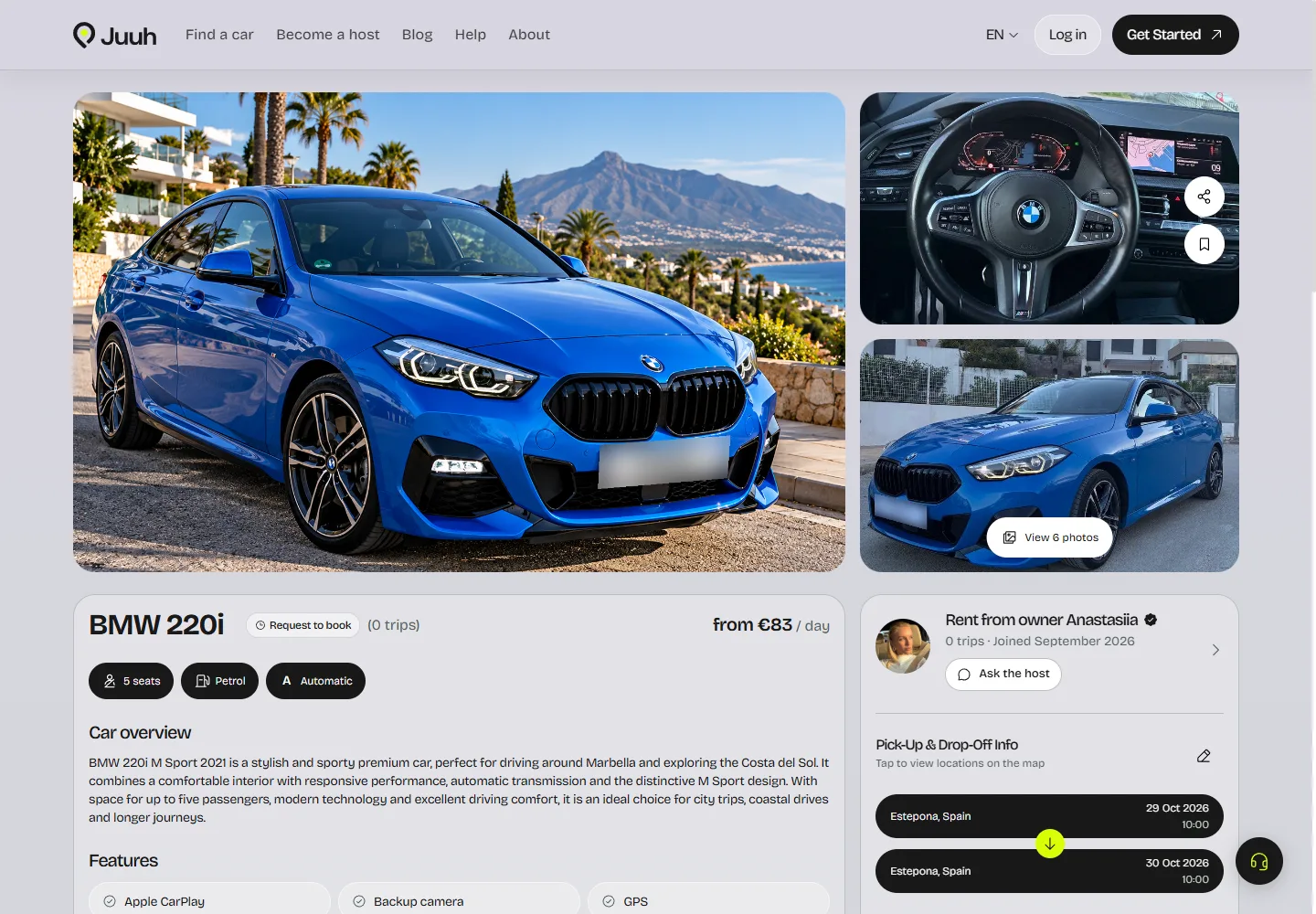 Juuh BMW 220i listing with photographs, rental details and booking controls
